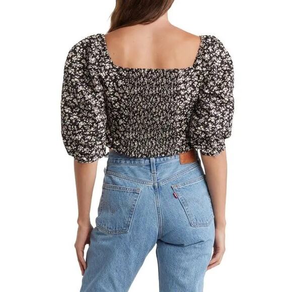 Levi's Black + White Floral Print Statement Shirred Back Blouse - Large - Picture 5 of 8